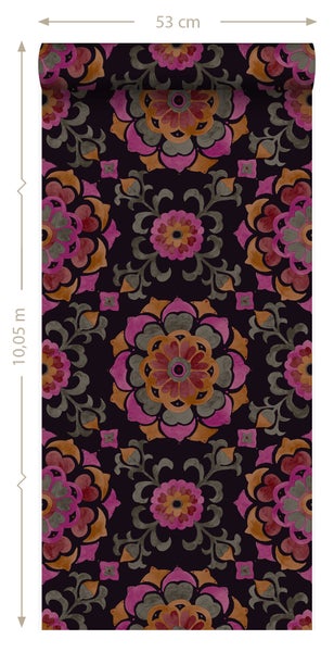 Origin Wallcoverings Tapete Suzani Blumen Schwarz, Orange und Rosa - 53 cm x 10.05 m - 347474
