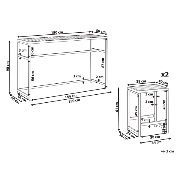 Abmessungen von einem Gartentisch und zwei Gartenhockern als Strichzeichnung
