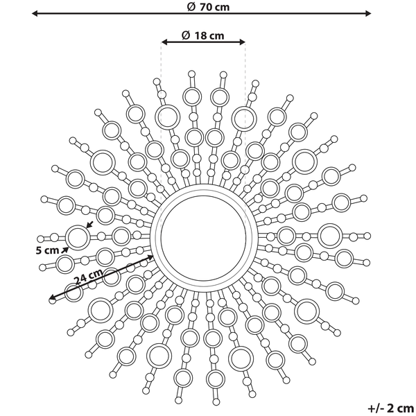 Rückseite eines Wandspiegels mit Sonnenform aus Metall