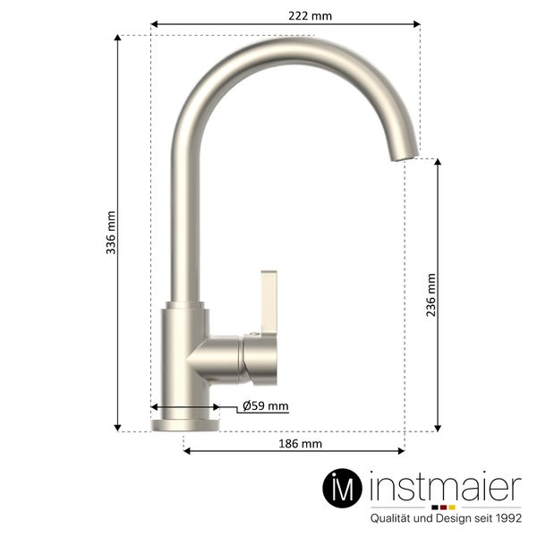 instmaier Niederdruck Küchenarmatur K3 | 360° schwenkbar | Wasserhahn Küche | Spültischarmatur Edelstahlfarben | Hoher Auslauf | mit Zentralverschraubung