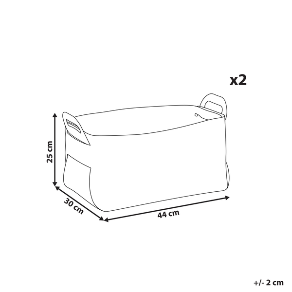 Abbildung eines rechteckigen Aufbewahrungskorbs mit den Maßen 44 cm x 30 cm x 25 cm im 2er-Set.