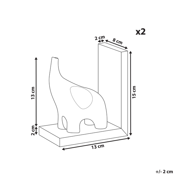 Abmessungen von zwei Buchstützen mit Elefantenmotiv