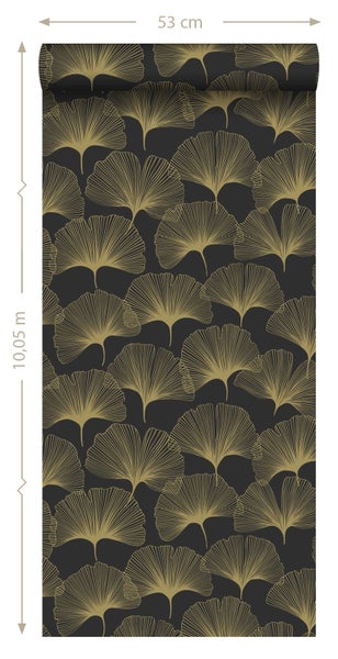 Origin Wallcoverings Tapete Ginkgoblätter Schwarz und Gold - 53 cm x 10.05 m - 347734