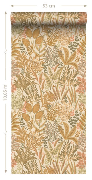 ESTAhome Tapete tropische Blätter und Blüten Terrakotta und Beige - 50 x 900 cm - 131662