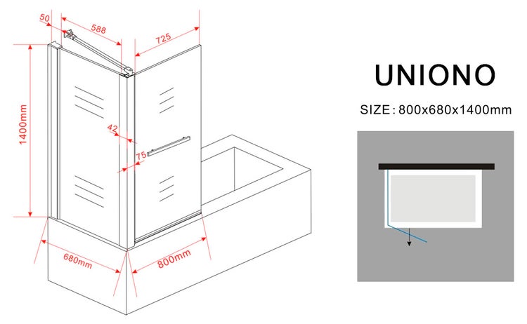 Technische Zeichnung einer Badewannenabtrennung von Uniono mit den Maßen 800x680x1400 Millimeter.