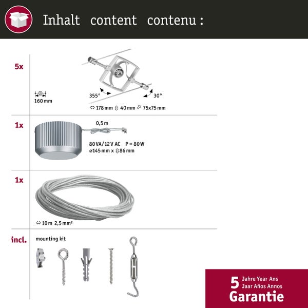 Seilsystem Mac II Basisset GU5,3 max. 5x10W dimmbar 230/12V Chrom matt