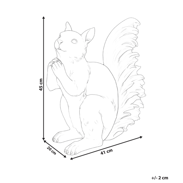 Eichhörnchen-Gartenfigur Skizze: Höhe 45 Zentimeter, Breite 41 Zentimeter, Tiefe 20 Zentimeter, Abweichung plus minus 2 Zentimeter.