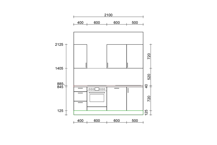 Küchenplan mit Maßen für Unterschränke, Hängeschränke und Elektrogeräte