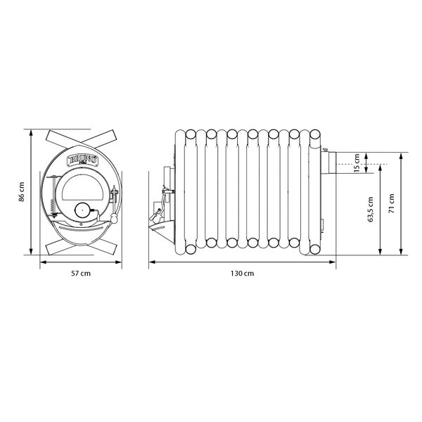 Technische Zeichnung eines Bruno Ofens mit Maßangaben