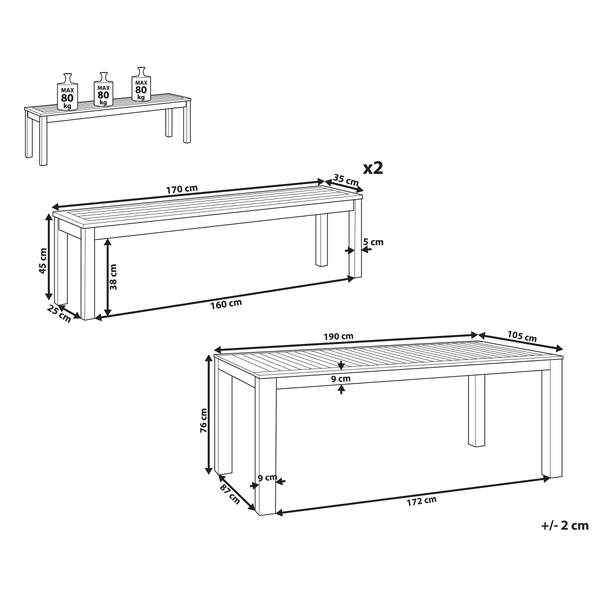 Technische Zeichnung einer Gartenbank mit Maßangaben und maximaler Belastbarkeit von 80 Kilogramm