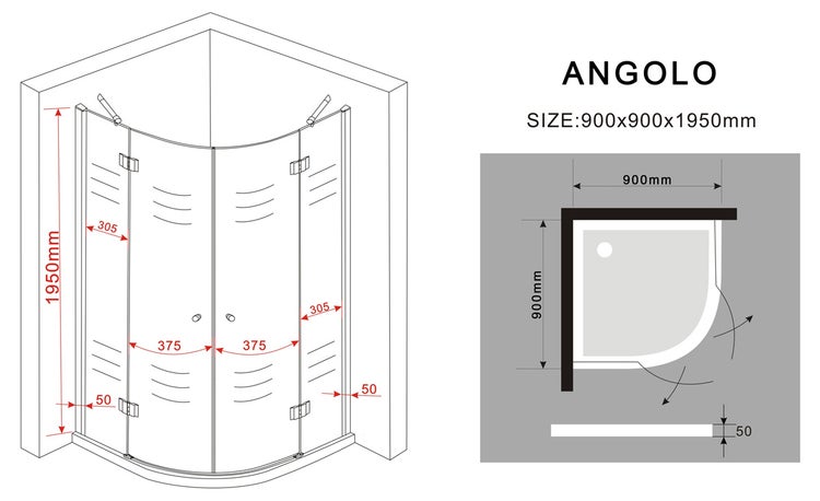 Technische Zeichnung einer Eckeinstiegsdusche mit den Maßen 900 x 900 x 1950 Millimeter.