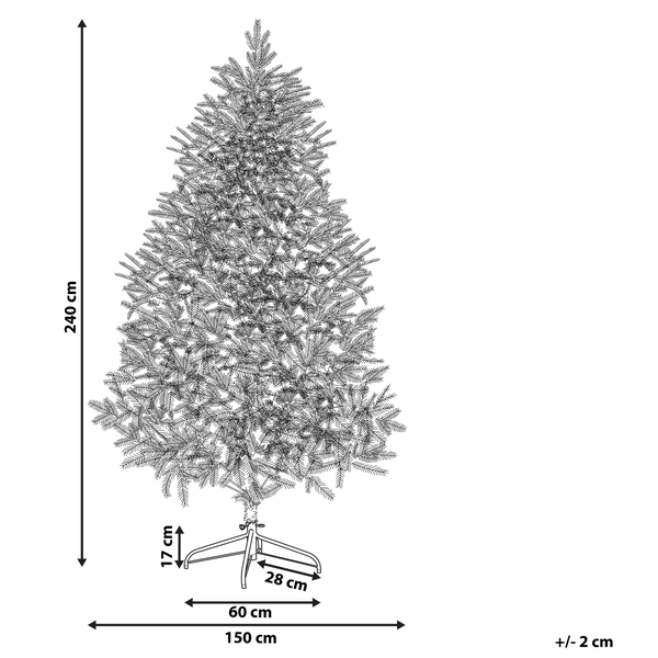 Abmessungen eines künstlichen Weihnachtsbaums mit Ständer und Höhenangabe