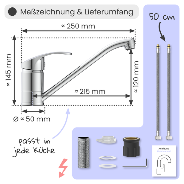 Maßzeichnung und Lieferumfang einer Küchenarmatur mit den Maßen 250 mm Breite, 145 mm Höhe, 215 mm Ausladung und 50 mm Durchmesser sowie zwei 50 cm lange Schläuche, Montagezubehör und Bedienungsanleitung