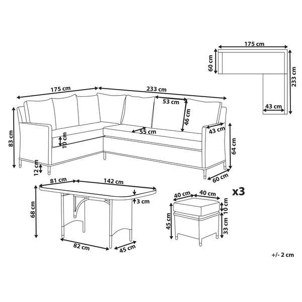 Lounge Set mit Tisch und Ottomane 9-Sitzer LACONA rechtsseitig Polyrattan Hellgrau