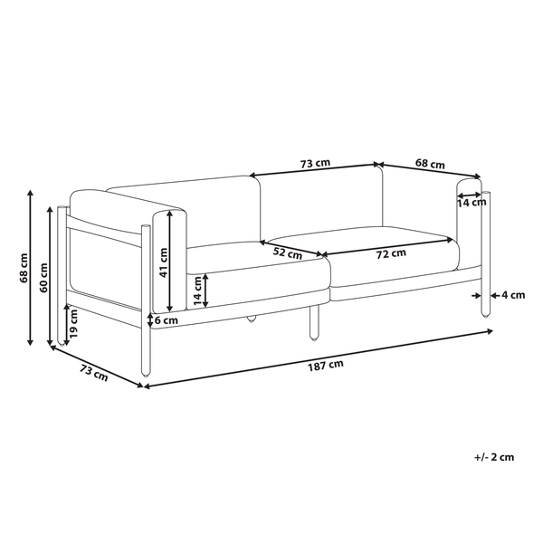Maßzeichnung eines Sofas mit Abmessungen: Breite 187 Zentimeter, Tiefe 73 Zentimeter, Höhe 68 Zentimeter, Sitzhöhe 41 Zentimeter.