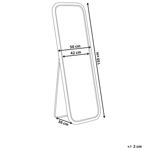 Abmessungen eines freistehenden Spiegels: 150 cm Höhe, 50 cm Breite, 36 cm Tiefe