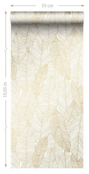 ESTAhome Tapete gezeichnete Blätter Weiß und Gold - 53 cm x 10.05 m - 139125