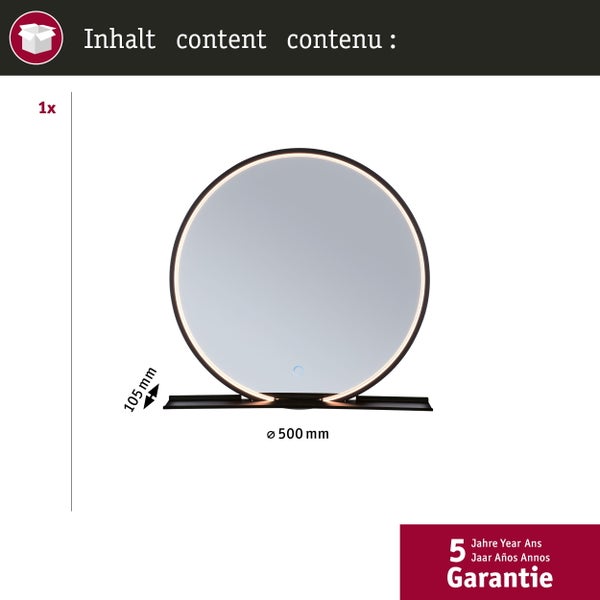 Kreisrunder Spiegel mit LED-Beleuchtung, Durchmesser 500 mm, Höhe 105 mm, mit fünf Jahren Garantie