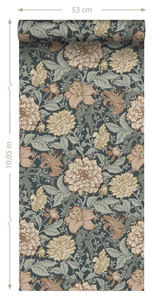 ESTAhome Tapete Blumenmuster Dunkelblau - 53 cm x 10.05 m - 139641