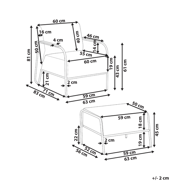 Maße eines Sessels und Hockers