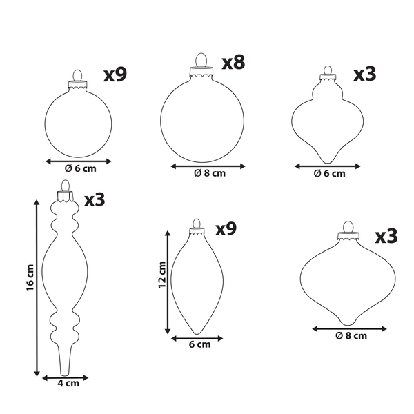 Verschieden geformte Weihnachtskugeln mit Größenangaben