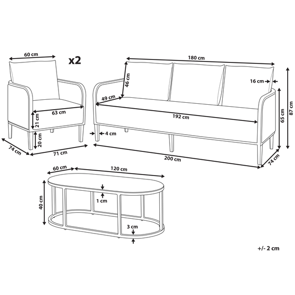 Skizze einer Loungegruppe mit Sofa, zwei Sesseln und Tisch mit Maßangaben