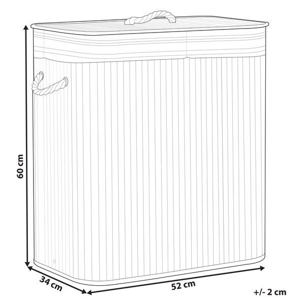 Wäschekorb mit Deckel und Seilgriffen. Abmessungen: Höhe 60 Zentimeter, Breite 52 Zentimeter, Tiefe 34 Zentimeter. Toleranz plus minus 2 Zentimeter.