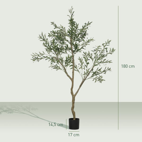 HOMCOM Künstlicher Olivenbaum groß 180 cm Kunstpflanze Künstliche Pflanzen Olivenbaum im Topf, Kunstbaum wie echt mit Kunstgras, Kunstmoos für Wohnzimmer Büro Schlafzimmer Garten