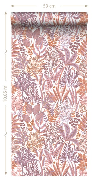 ESTAhome Tapete tropische Blätter und Blüten Orange und Lila - 50 x 900 cm - 131667