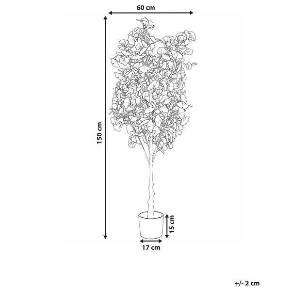 Illustration eines Kunstbaums mit Maßangaben: Höhe 150 cm, Breite 60 cm, Topfhöhe 15 cm und Topfdurchmesser 17 cm.
