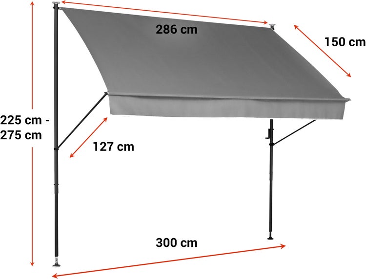 Freistehende Markise mit den Maßen 286 mal 150 cm.