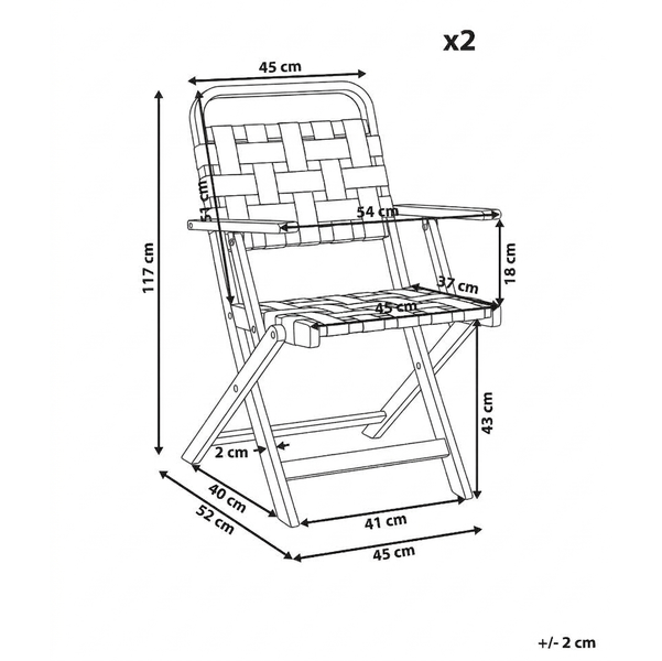 Technische Zeichnung eines zweier Sets von klappbaren Gartenstühlen mit genauen Maßangaben in Zentimetern.
