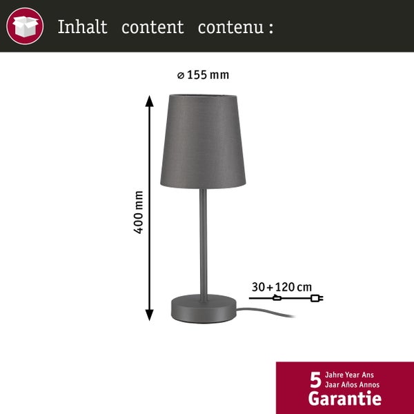 Produktinformationen Stehleuchte: Durchmesser 155 Millimeter, Höhe 400 Millimeter, Kabellänge 150 Zentimeter, fünf Jahre Garantie