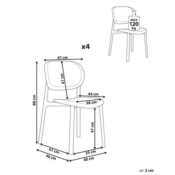 Abbildung eines Stuhls mit Maßangaben und maximaler Belastung von 120 Kilogramm, verkauft im 4er-Set.