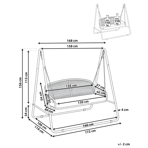 Maßzeichnung einer Garten-Hollywoodschaukel. Gesamthöhe 156 Zentimeter, Breite 172 Zentimeter. Maximale Belastung 110 Kilogramm pro Sitzplatz.