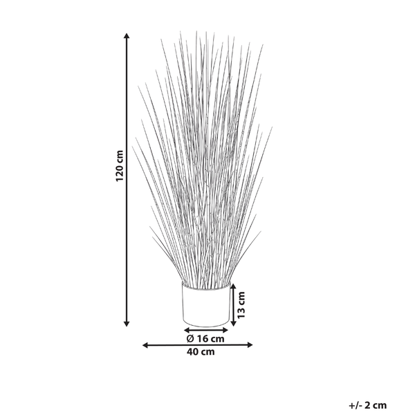 Maßzeichnung Kunstpflanze: Höhe 120, Breite 40, Topf Durchmesser 16 und Höhe 13 Zentimeter, Abweichung plus minus 2 Zentimeter.