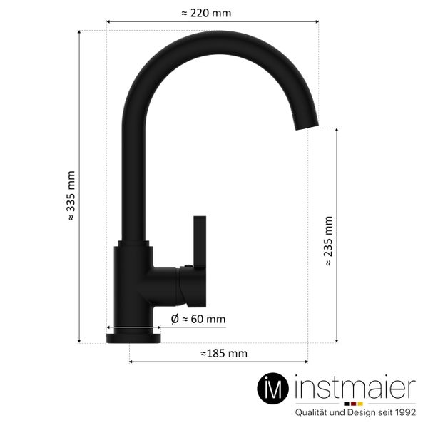 instmaier Küchenarmatur K3 | 360° schwenkbar | Wasserhahn Küche | Spültischarmatur Schwarz Matt | Hoher Auslauf | mit Zentralverschraubung