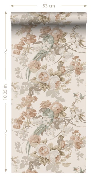 ESTAhome Tapete Blumen und Vögel Beige - 50 x 900 cm - 139807