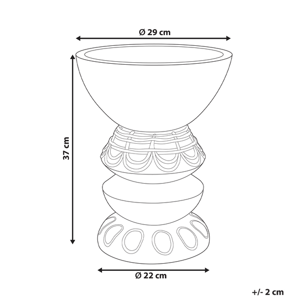 Abmessungen eines Pflanzgefäßes: Durchmesser oben 29 cm, Durchmesser unten 22 cm, Höhe 37 cm