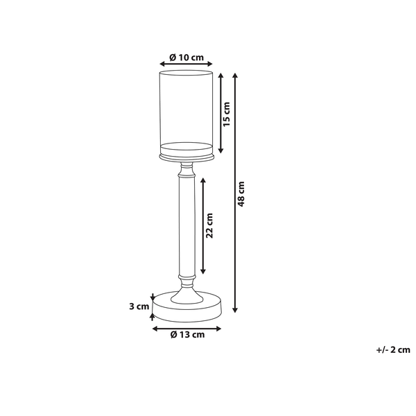 Abmessungen eines Kerzenständers: Gesamthöhe 48 cm, Zylinderdurchmesser 10 cm, Zylinderhöhe 15 cm, Säulenhöhe 22 cm, Basisdurchmesser 13 cm, Basisdicke 3 cm. Toleranz von plusminus 2 cm.