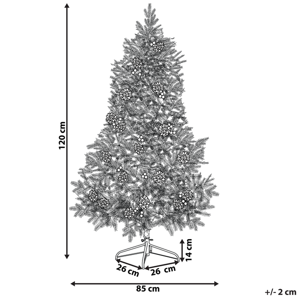 Abmessungen eines künstlichen Weihnachtsbaums mit Tannenzapfen und Ständer: 120 cm hoch und 85 cm breit.