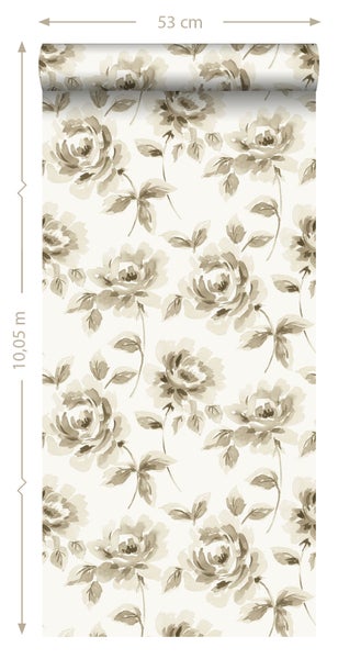 ESTAhome Tapete Aquarell gemalte Rosen Beige und Braun - 53 cm x 10.05 m - 128012