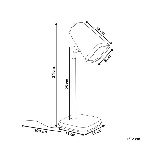 Abmessungen einer Tischleuchte: Höhe 34 cm, Schirm 12 cm breit und 8 cm tief, Fuß 11 cm breit und 11 cm tief, Kabellänge 100 cm.