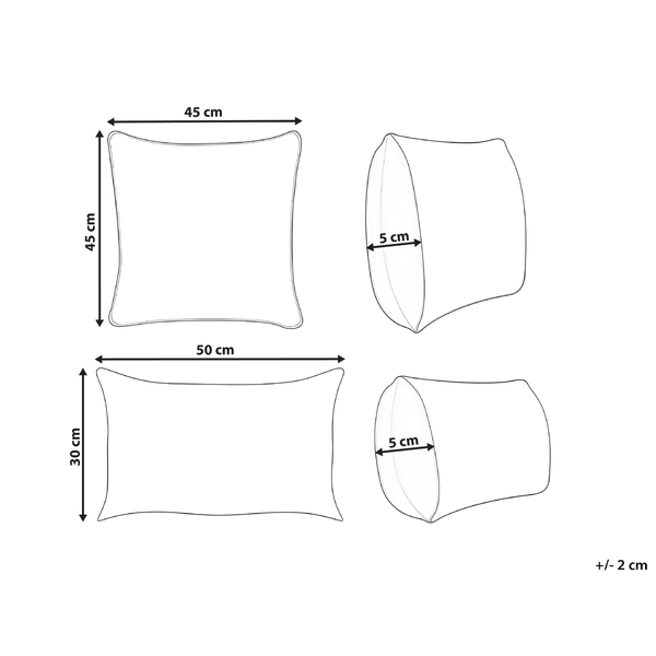 Abbildung mit Maßangaben für Kissen, quadratisch 45 mal 45 cm und rechteckig 50 mal 30 cm, Dicke 5 cm