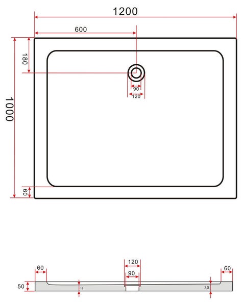 Technische Zeichnung einer Duschwanne mit Maßangaben