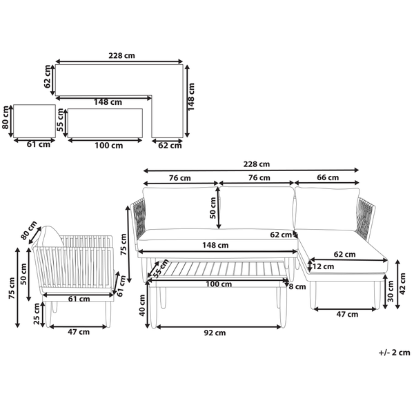 Maßzeichnung für ein Gartenmöbel-Set bestehend aus Ecksofa, Sessel und Tisch mit detaillierten Längenangaben in Zentimeter.