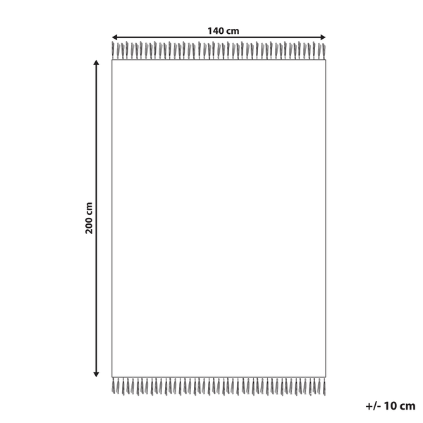 Skizze einer Decke mit Fransen und Maßangaben von 140 Zentimeter mal 200 Zentimeter sowie einer Toleranz von plus oder minus 10 Zentimeter