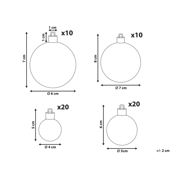 Abmessungen der Christbaumkugel: 10 Kugeln mit 7 cm Höhe und 6 cm Durchmesser, 10 Kugeln mit 8 cm Höhe und 7 cm Durchmesser, 20 Kugeln mit 5 cm Höhe und 4 cm Durchmesser, 20 Kugeln mit 6 cm Höhe und 5 cm Durchmesser