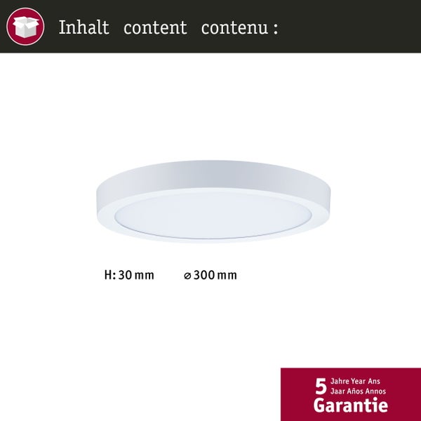 Inhalt: Deckenleuchte mit Durchmesser 300 Millimeter und Höhe 30 Millimeter sowie 5 Jahre Garantie
