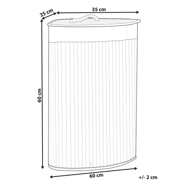 Skizze eines Wäschekorbs mit Maßen: Höhe 60 Zentimeter, Breite 60 Zentimeter, Tiefe 35 Zentimeter, Toleranz plus minus 2 Zentimeter.